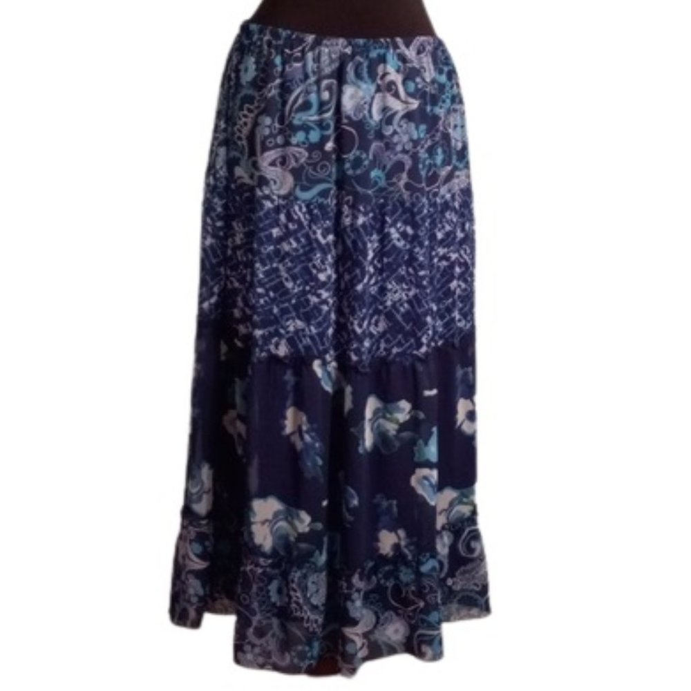 George 1X 16W Blue Floral Skirt Sheer Overlay